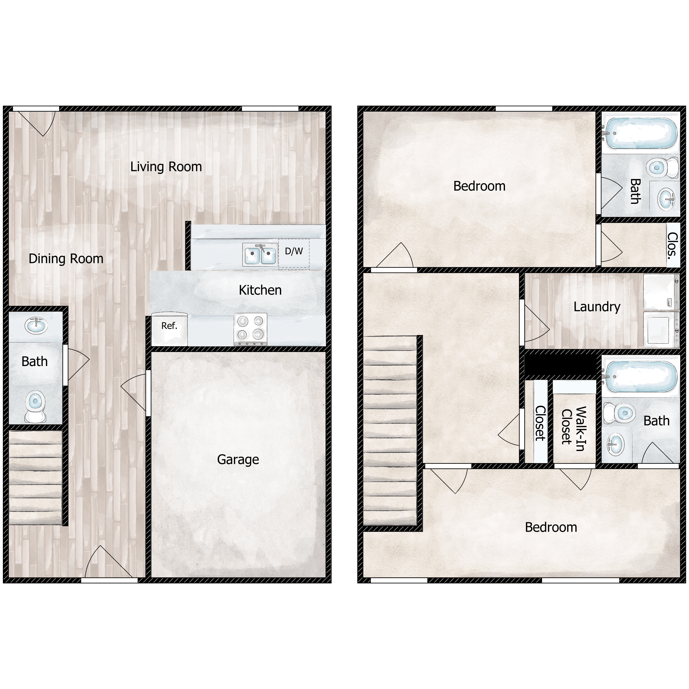 Floor plan for 2 beds, 2.5 baths, 1200 sqft